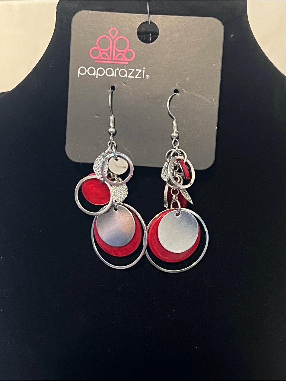 Paparazzi Red and Silver Layered Circle Dangle Earrings